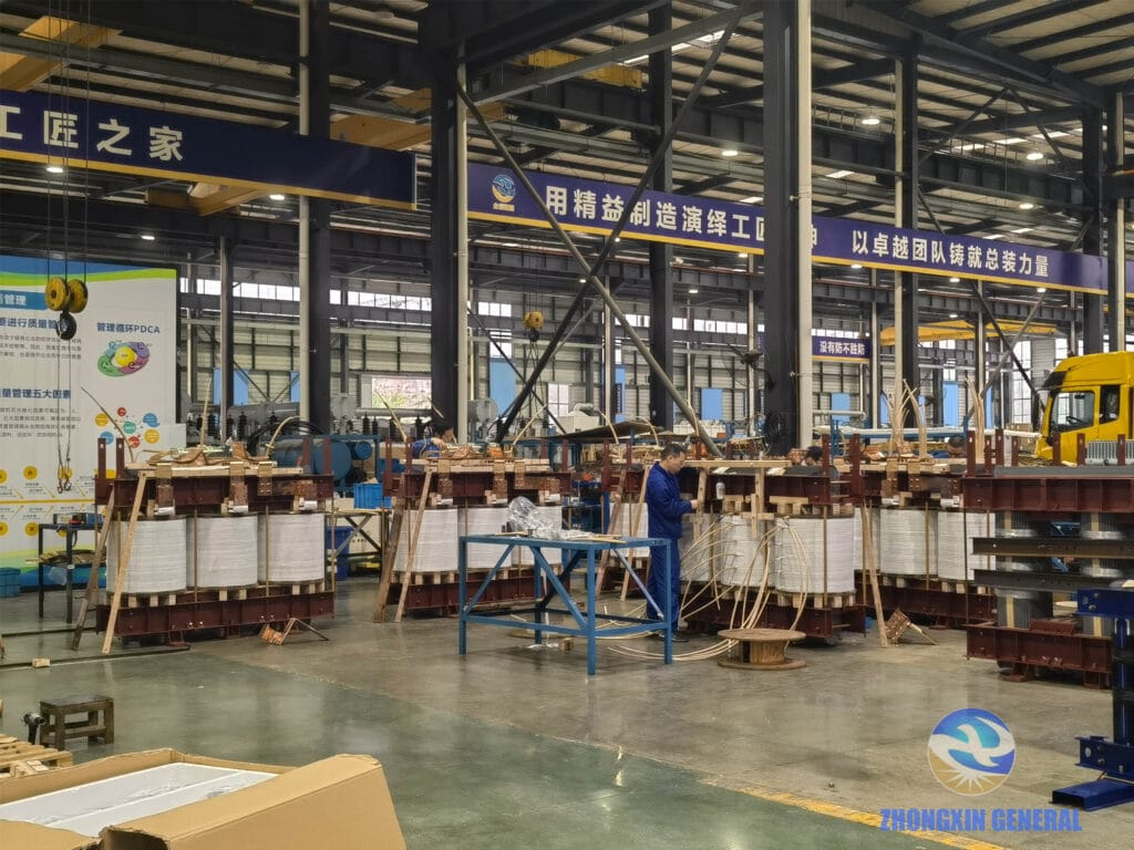 Batch of completed 6300 kVA transformer windings staged for core-coil assembly — Zhongxin General factory