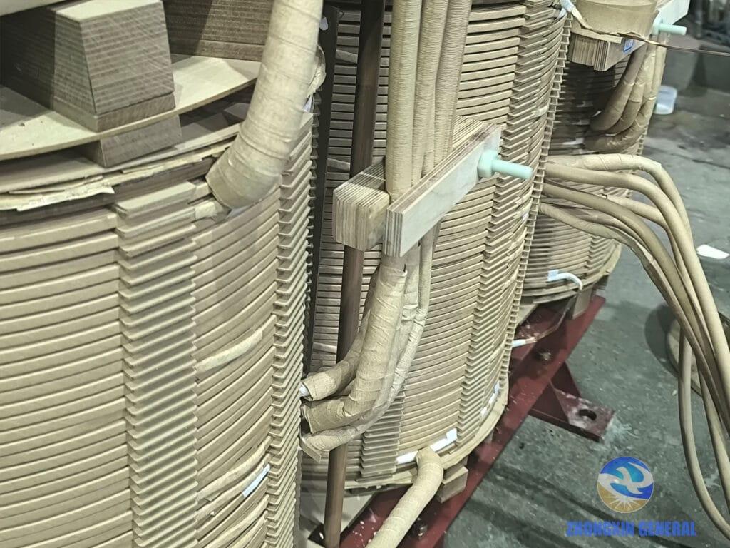 Close-up of winding and HV/LV lead wire assembly on 6300 kVA oil-immersed transformer — Zhongxin General