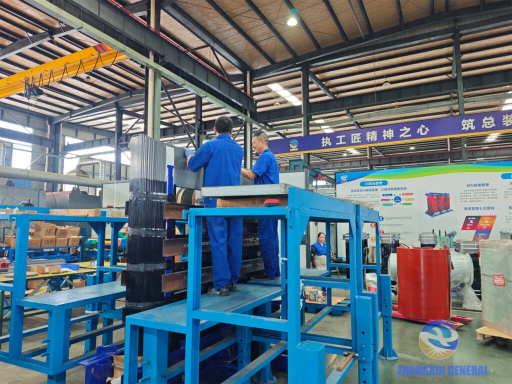 Technicians fitting transformer core into cast resin windings