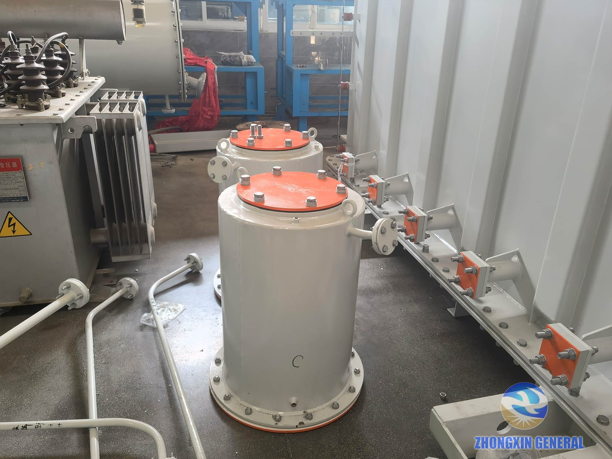 HV bushing turret components before installation on 8000kVA transformer — Zhongxin General factory