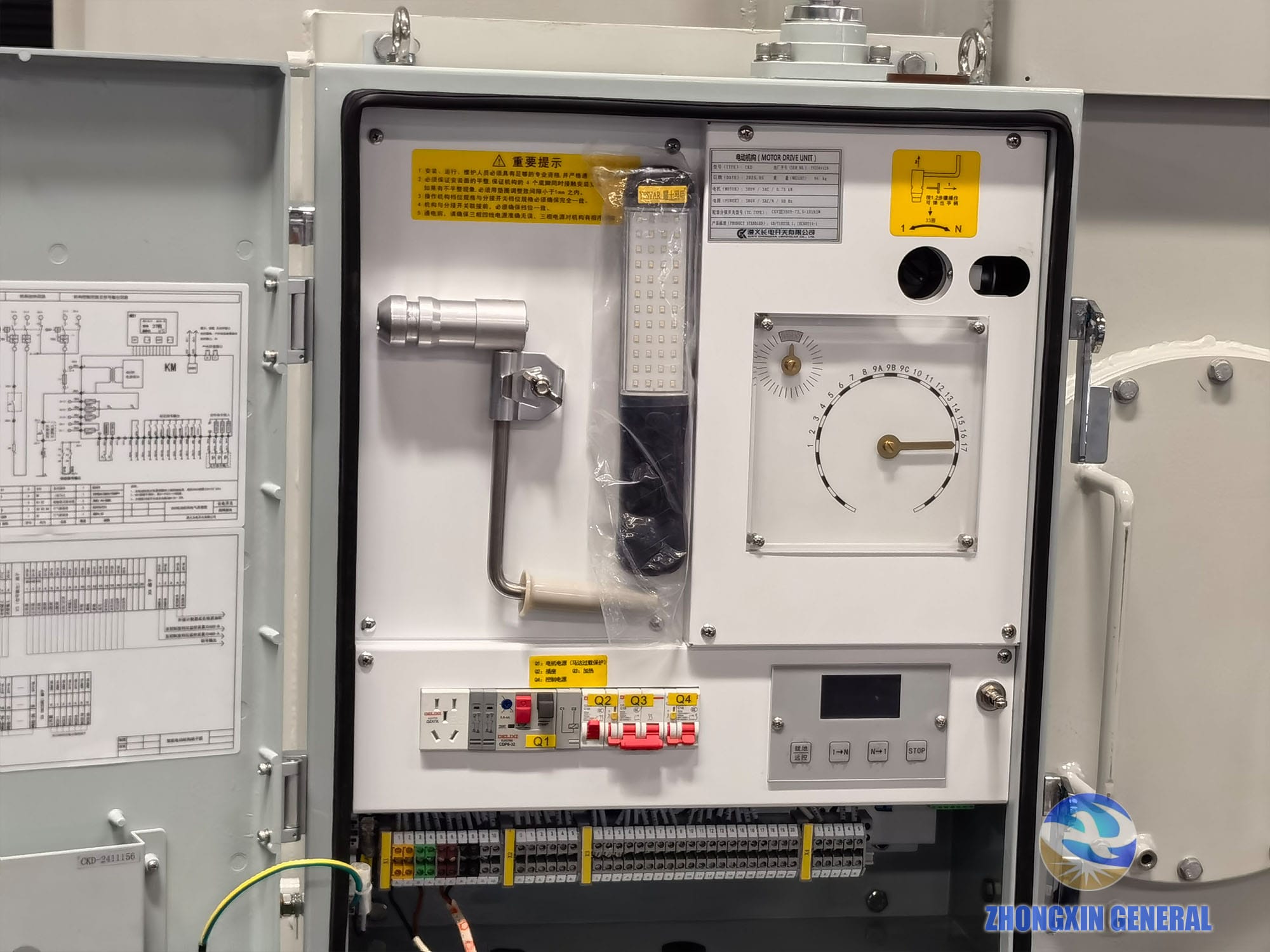 Interior of OLTC motor drive mechanism box — tap position dial and controls on 8000kVA transformer