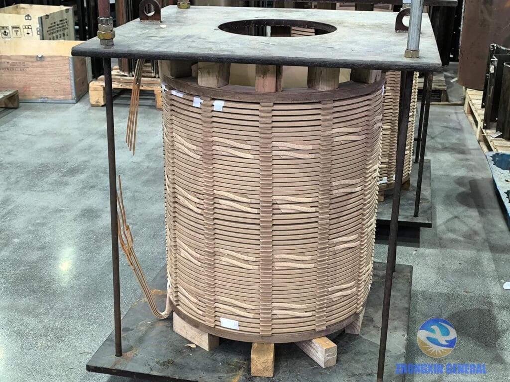 8000kVA transformer winding secured in clamping fixture