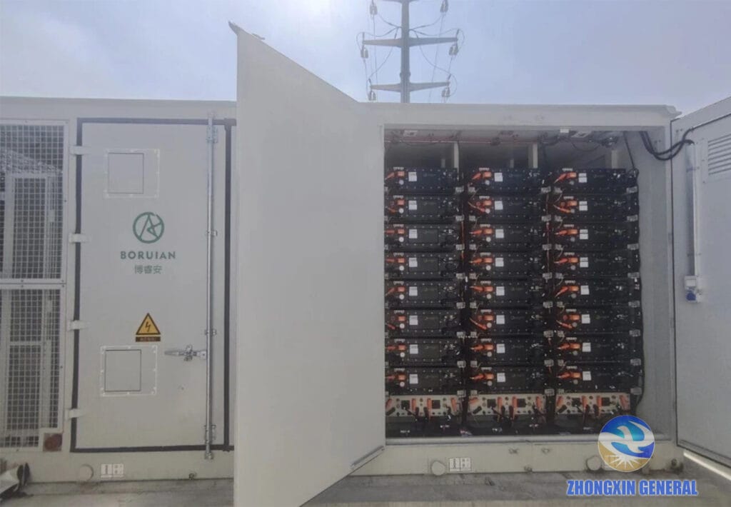 Interior view of battery cells inside the energy storage container