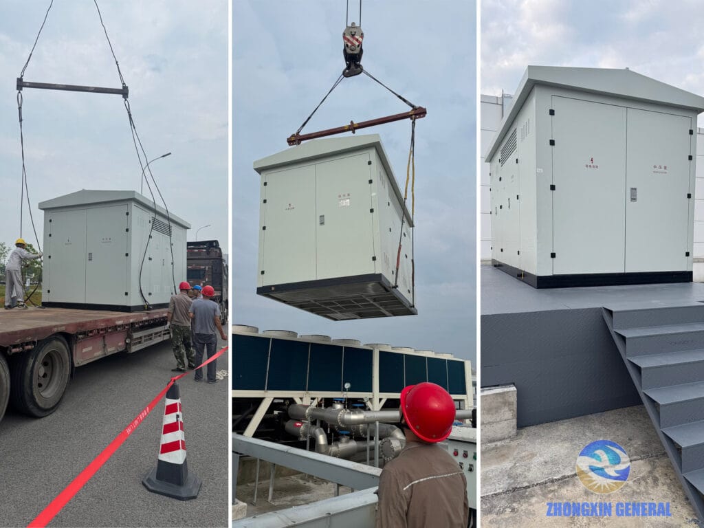 Crane lifting a box-type substation into final position during installation — Zhongxin General