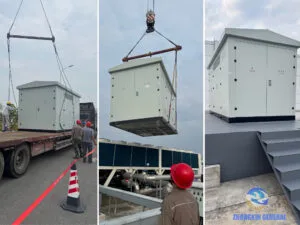 Crane lifting a box-type substation into final position during installation — Zhongxin General