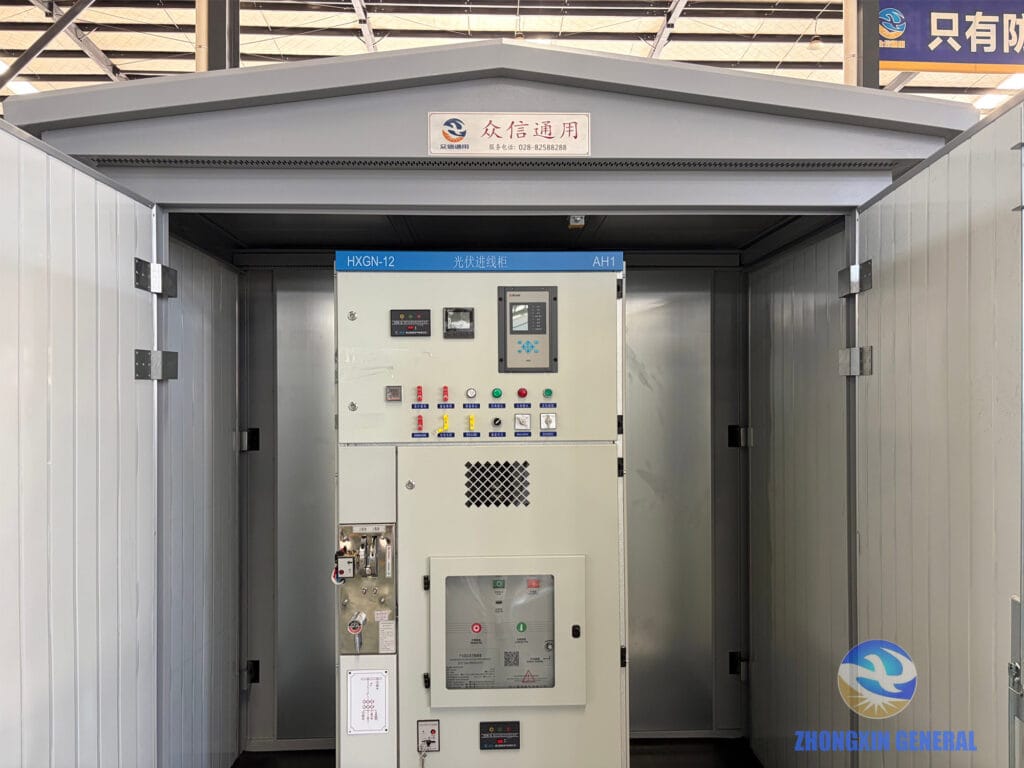 Close-up of switchgear panels inside box-type substation