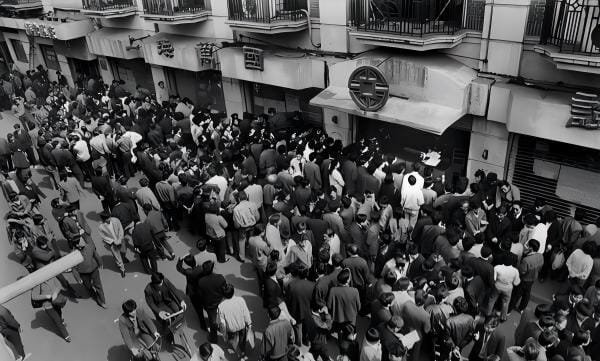 Bustling commercial street in China during early reform and opening-up era