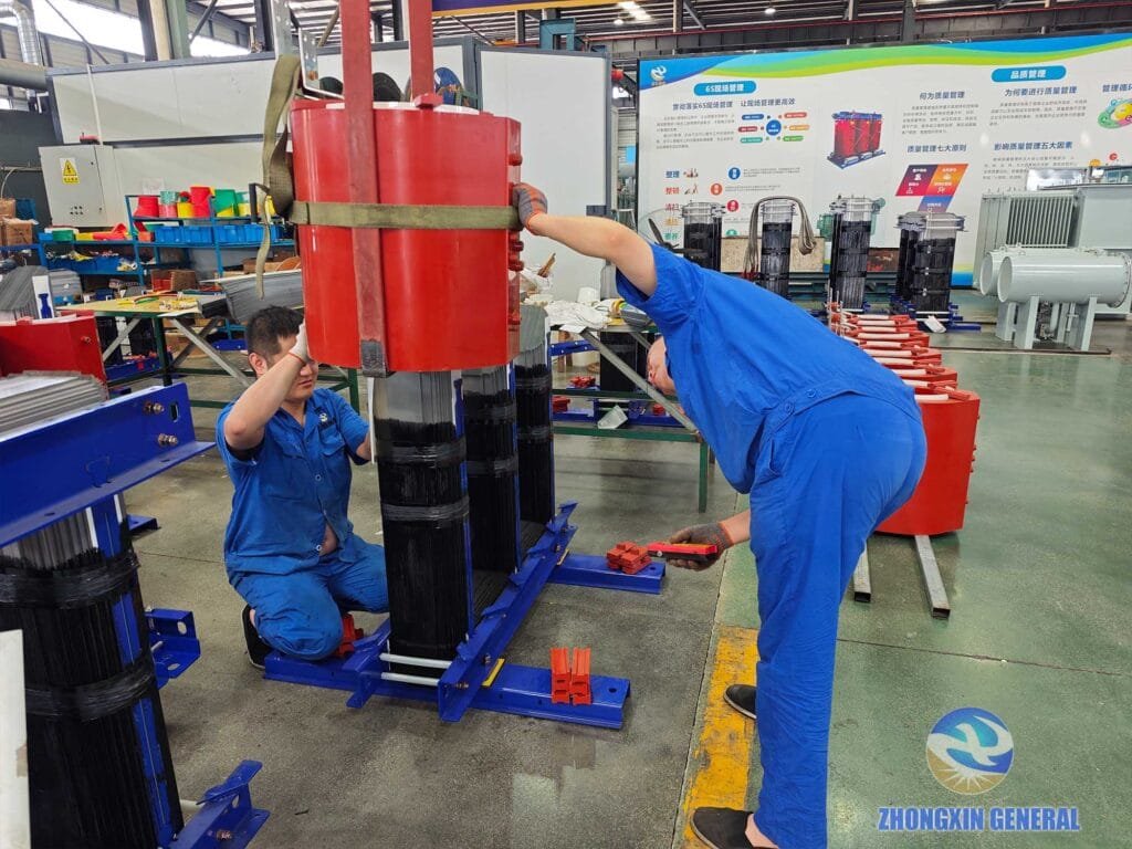 Worker disassembles top core to install windings inside iron core
