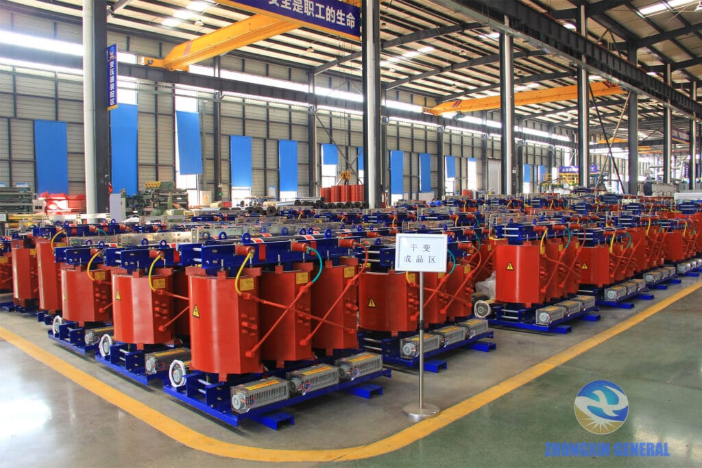 Finished dry-type transformers ready for shipment in factory storage area
