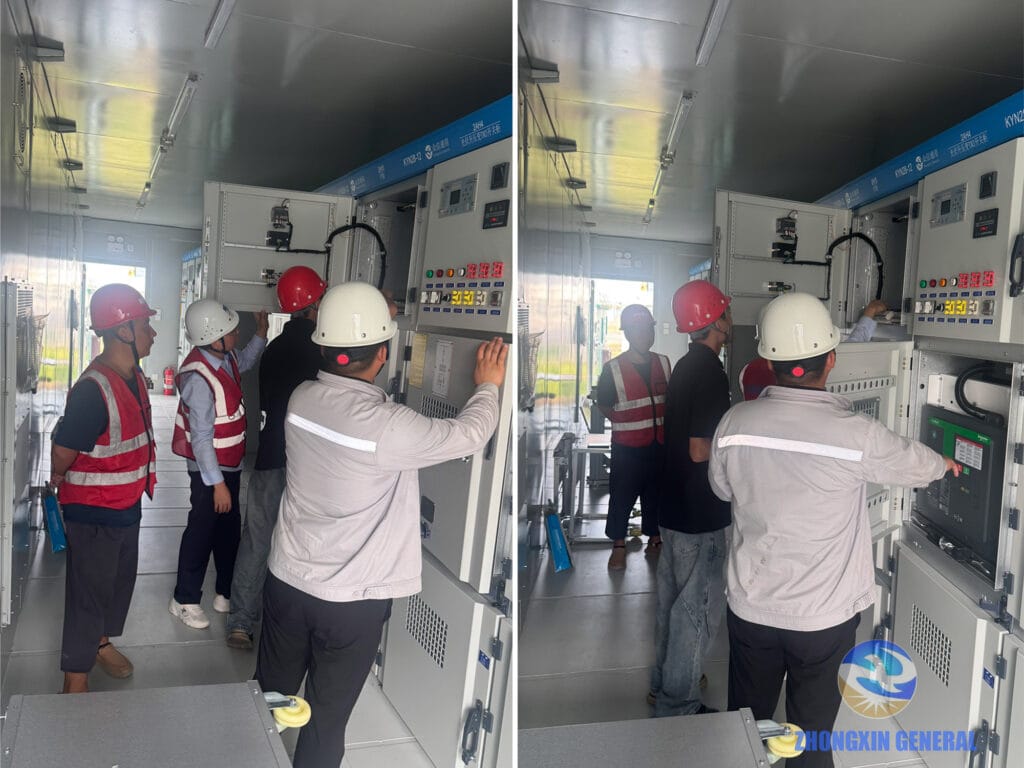 Engineers conducting final inspection of switchgear cabinets inside the prefabricated module — Zhongxin General