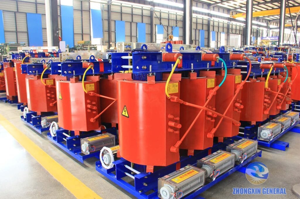 Batch of qualified finished dry transformers stacked neatly