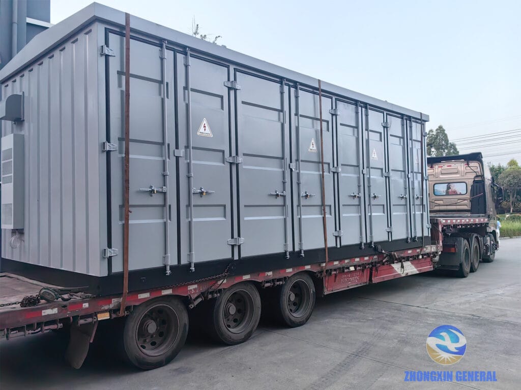 Prefabricated cabin staged at factory gate ready for departure