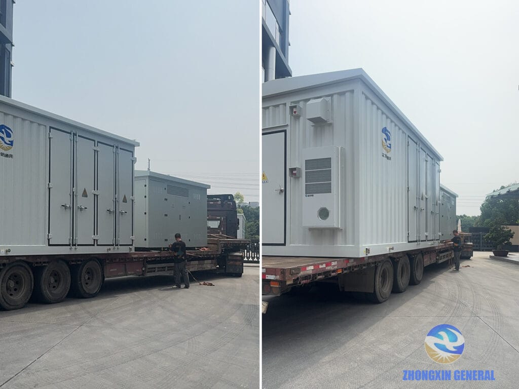 Prefabricated module and box-type substation loaded on truck ready for transport — Zhongxin General