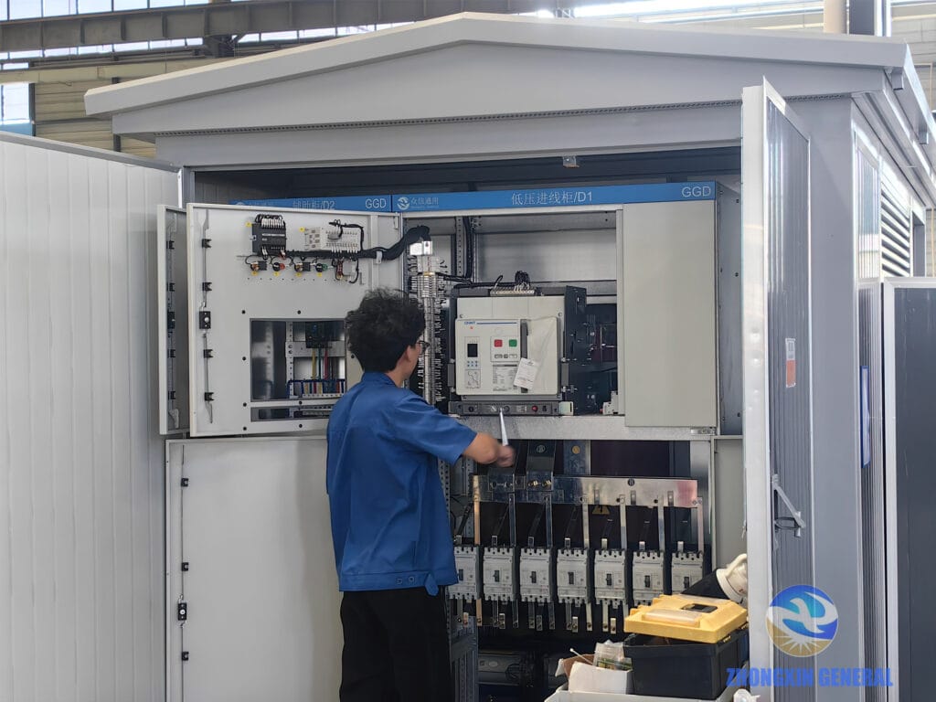 Technician testing switchgear in low-voltage room of box-type substation