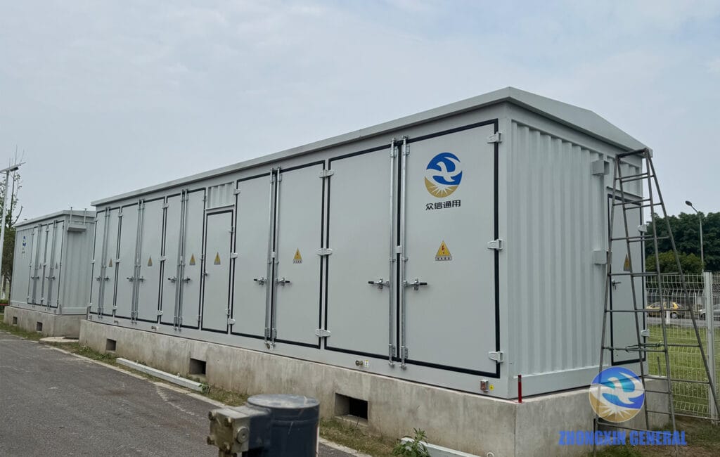 Two prefabricated modules side by side — switchgear module on right, secondary control module on left — Zhongxin General