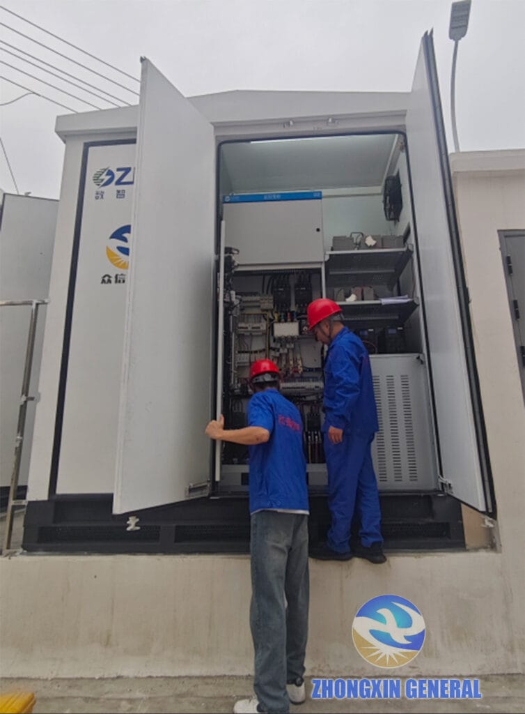 Technician commissioning the step-up transformer cabin at the Chengdu Xinjin user-side storage project