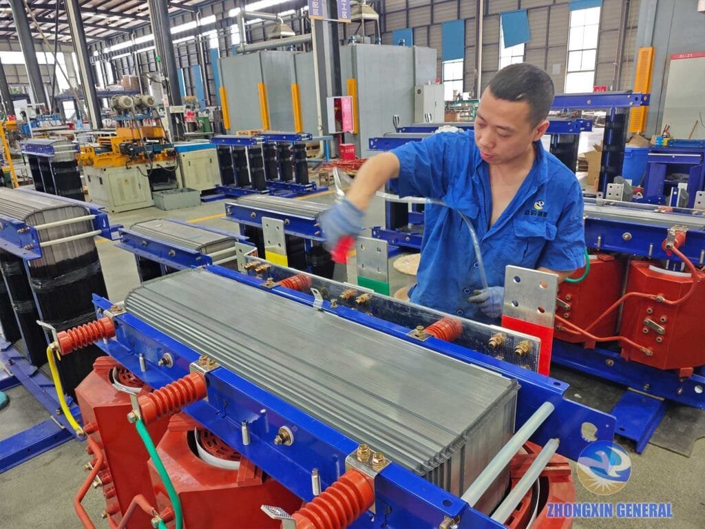 High pressure air blower cleans internal transformer dust
