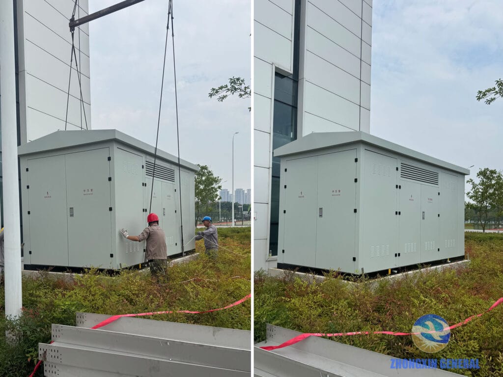 Transformer lifted and secured onto pre-poured concrete foundation for box-type substation — Zhongxin General