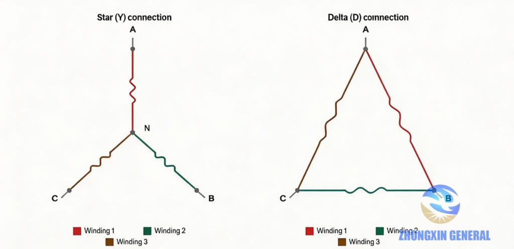 Star (Y) and delta (D) winding connection diagrams for a three-phase transformer