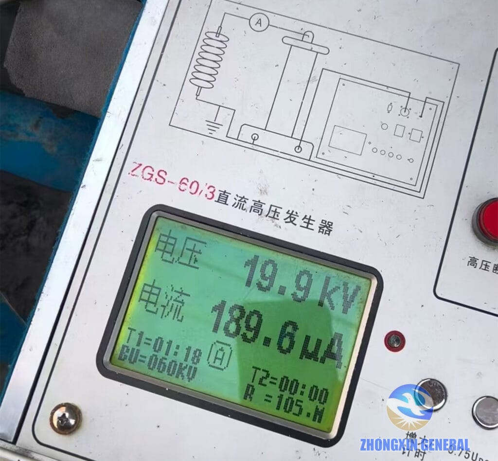 dc high‑voltage generator transformer withstand‑voltage test showing test voltage 19.9kV leakage current 189.6μA