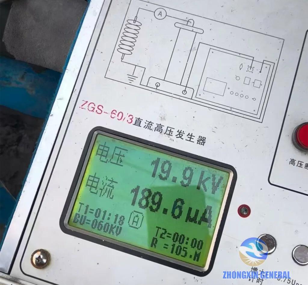 dc high‑voltage generator transformer withstand‑voltage test showing test voltage 19.9kV leakage current 189.6μA