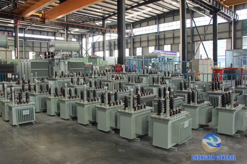 Finished oil immersed distribution transformers in workshop storage