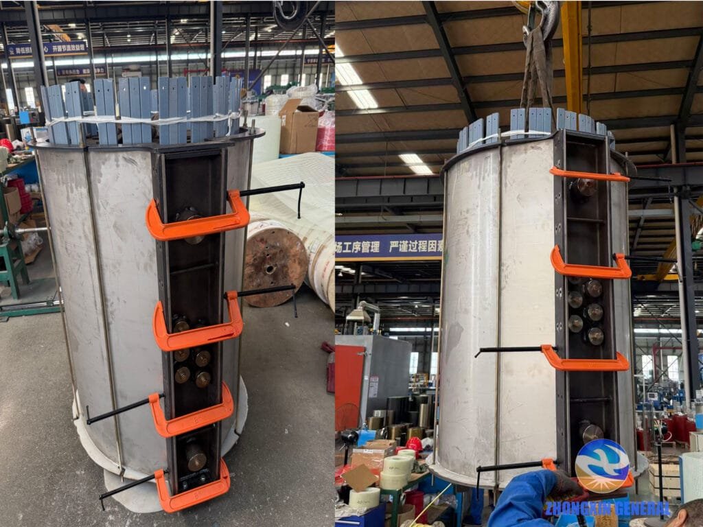 Workers securing the high-voltage winding mold before resin casting