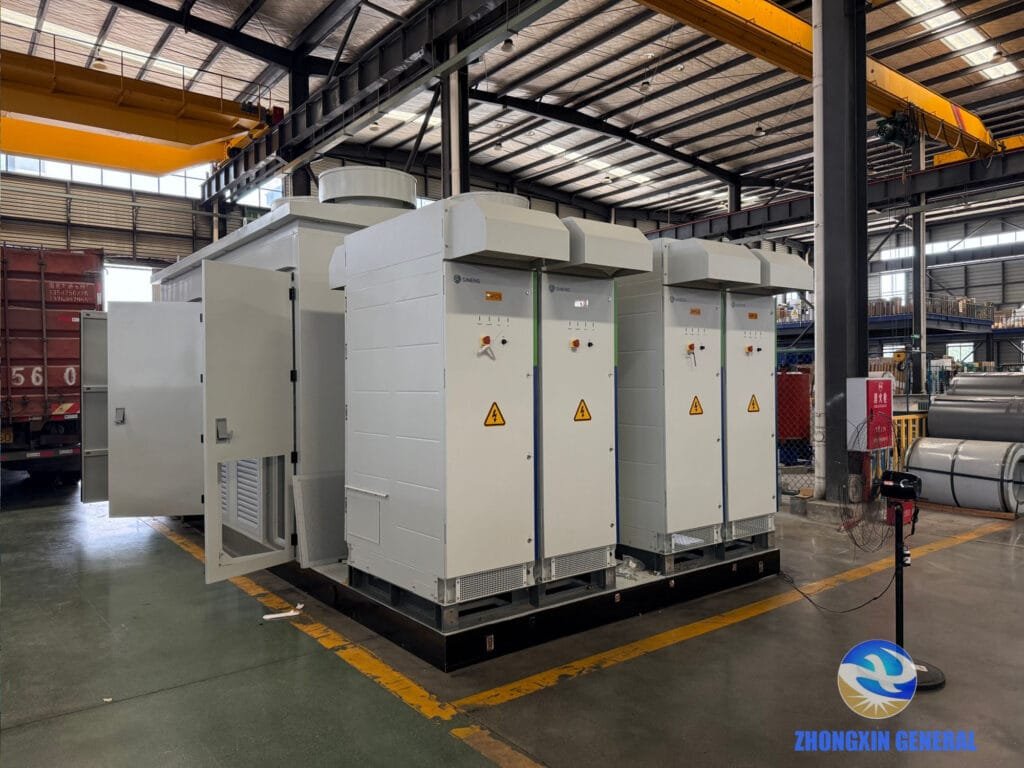 Prefabricated energy storage enclosure with four PCS units, holding the first transformer prototype