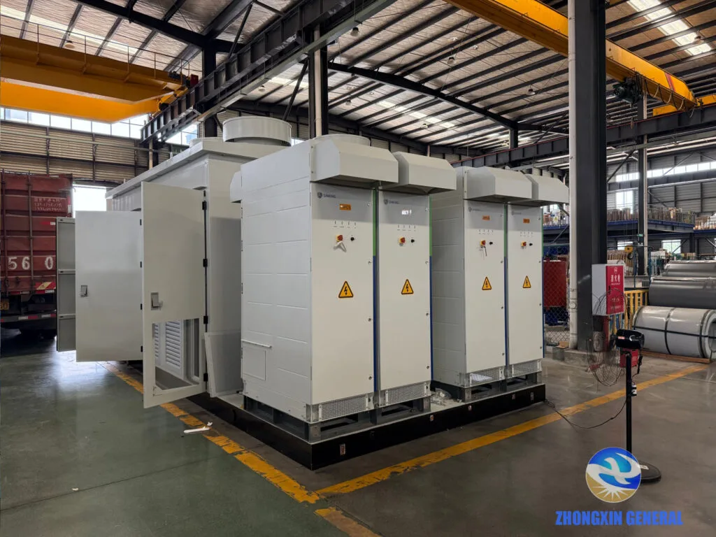 Prefabricated energy storage enclosure with four PCS units, holding the first transformer prototype