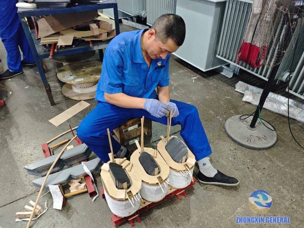 Assembly personnel arranging and connecting transformer leads