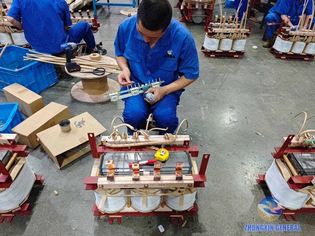Operators installing off-circuit tap changer on transformer