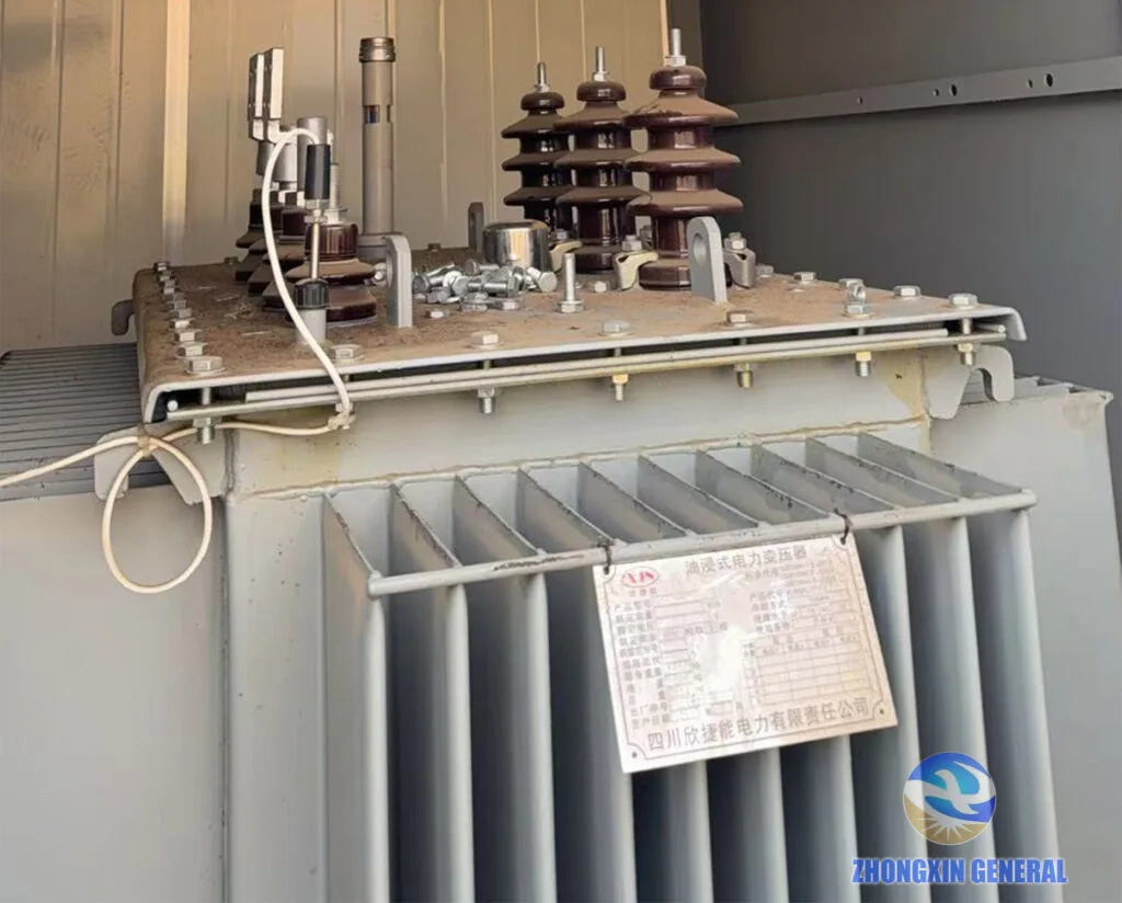 heavily dust‑covered oil‑immersed power transformer unit inside cabinet waiting for maintenance