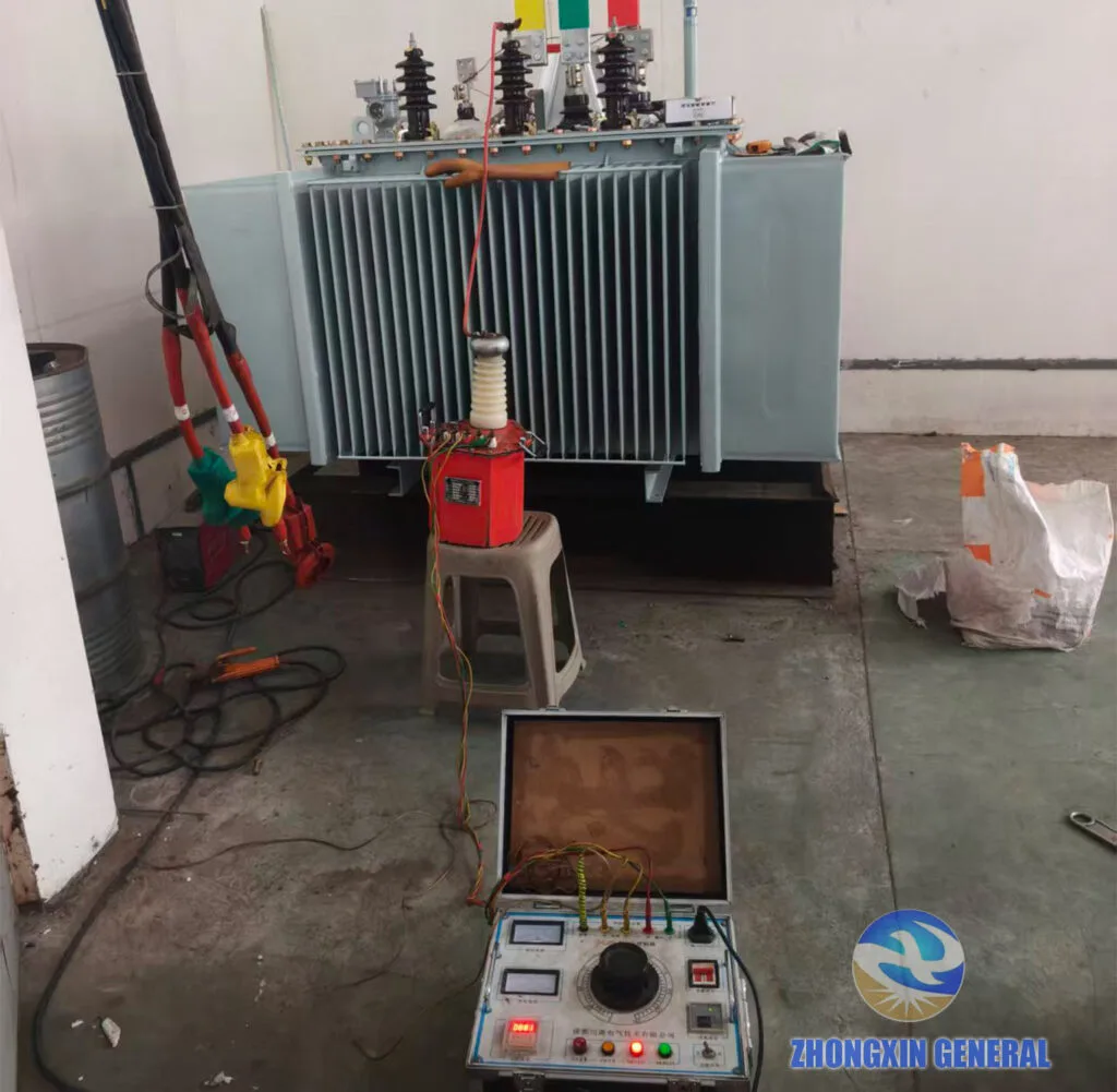 oil‑immersed transformer withstand‑voltage test setup inside indoor test lab