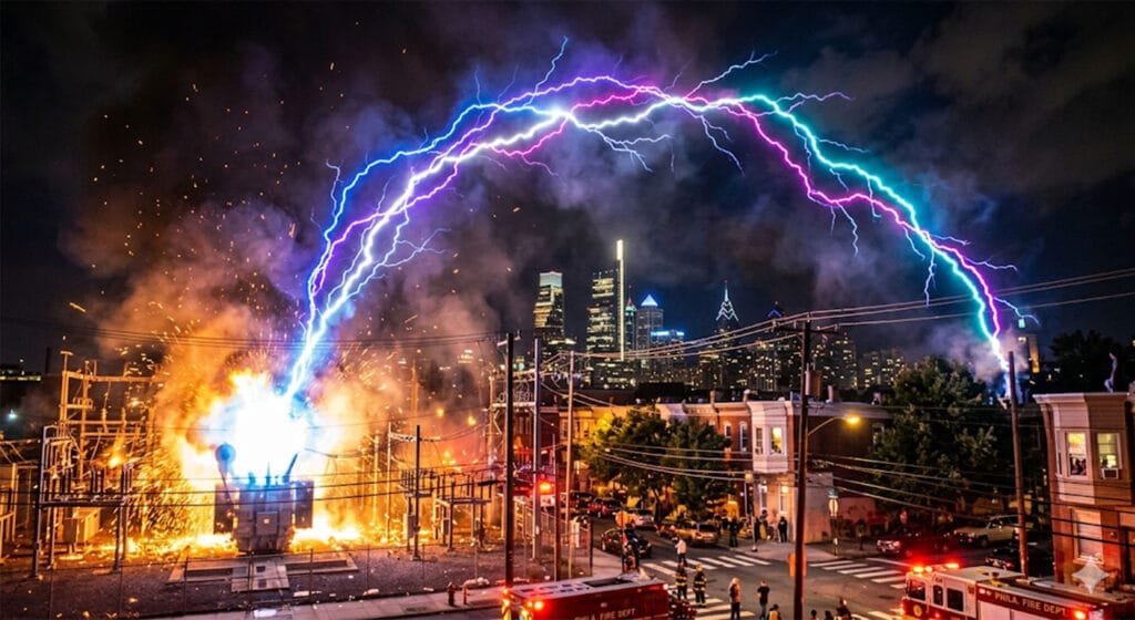 night urban substation oil-filled transformer arc fire fault
