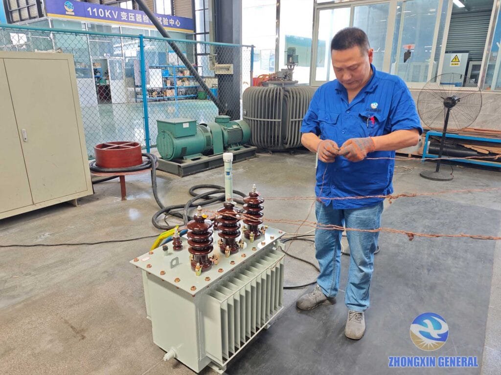 Oil immersed transformer test wiring setup in factory testing center for insulation ratio test