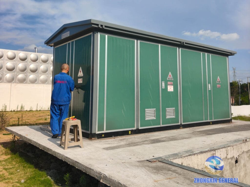 Technician carries out pre-commission visual marking inspection of outdoor box substation, eliminate transformer hidden faults