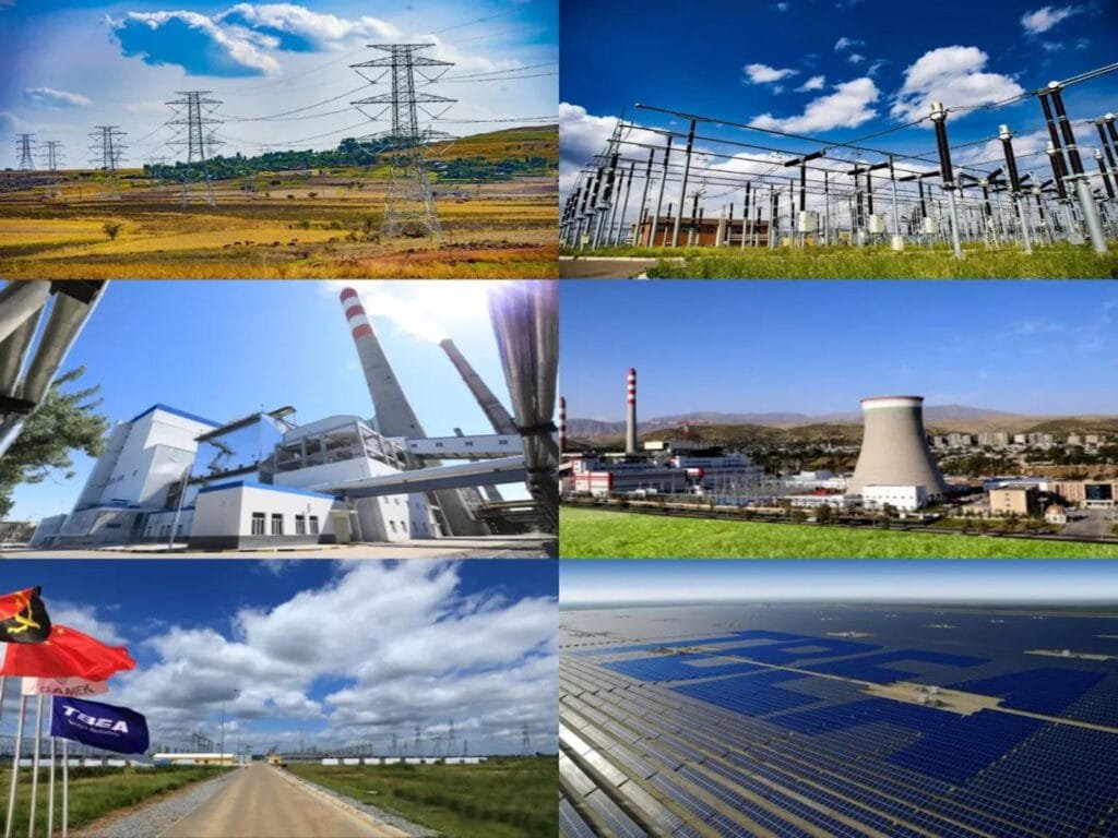 Collage of TBEA international offices and overseas project sites across multiple countries and continents