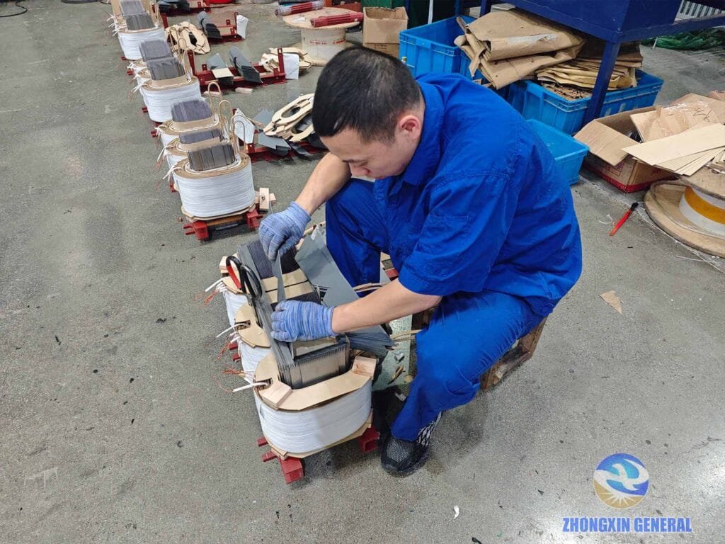 Operators placing top silicon steel sheets for core completion