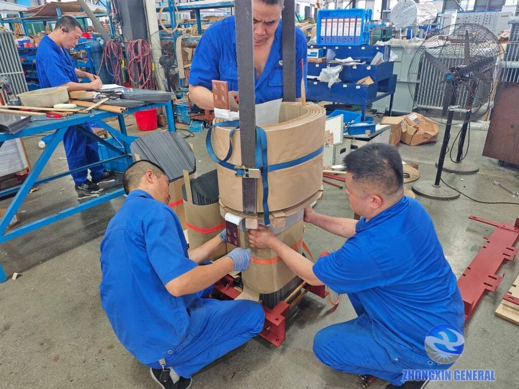 Multiple workers coordinating winding hoisting for core assembly