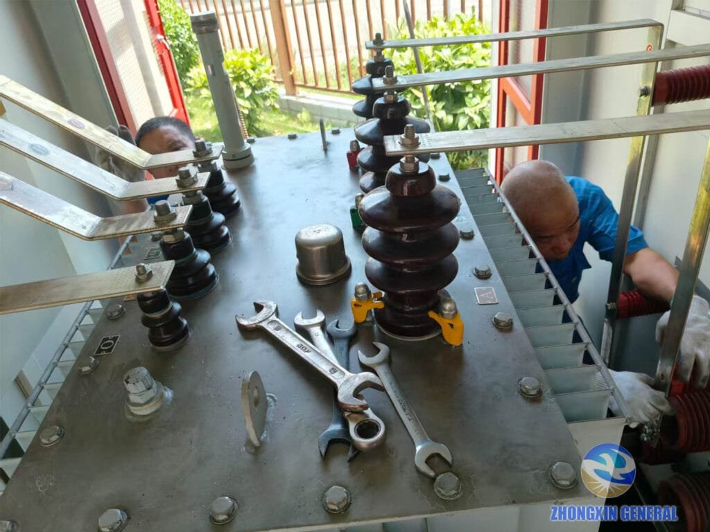 ZHONGXIN GENERAL engineer inspect transformer inside prefabricated substation cabinet