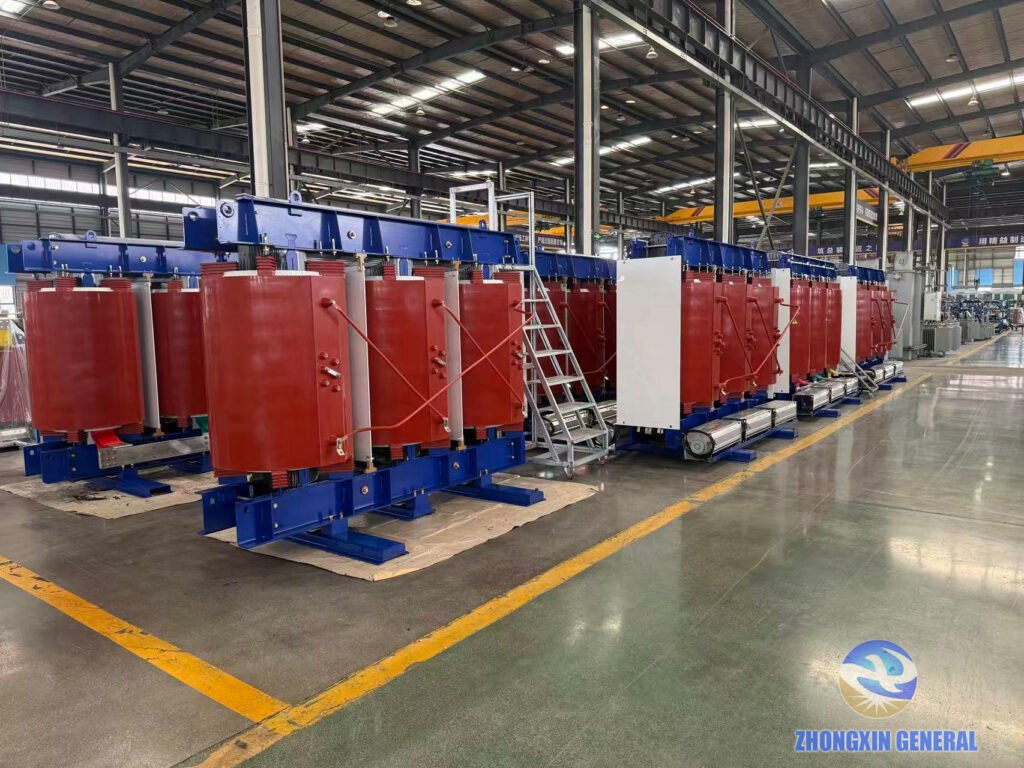 20 units of 5250 kVA 37kV 690V dry-type transformers lined up in factory test area