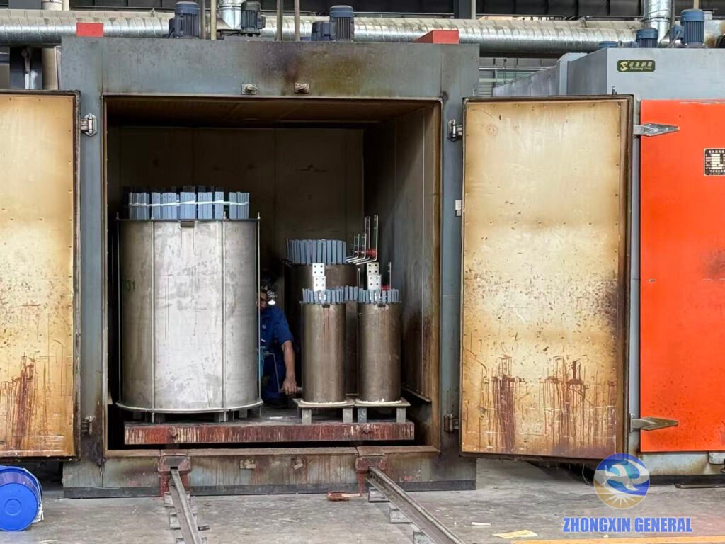 transformer windings inside vacuum drying chamber during production