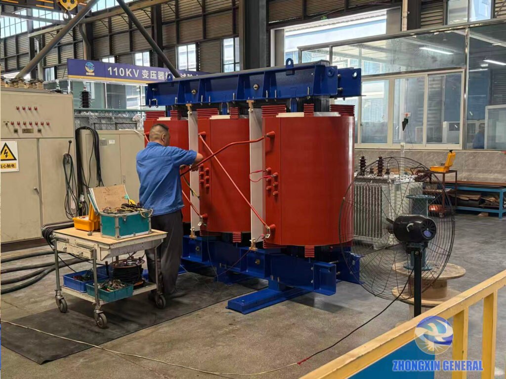 technician connecting test cables to 5250kVA dry-type transformer high-voltage bushings