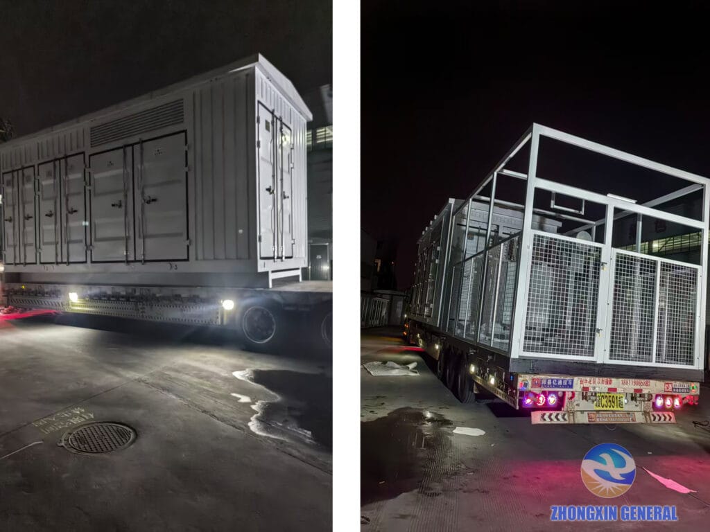 Enclosed prefabricated cabin substations loaded before National Day, including a cabin paired with its mesh-enclosed 35 kV transformer on one flatbed (right)