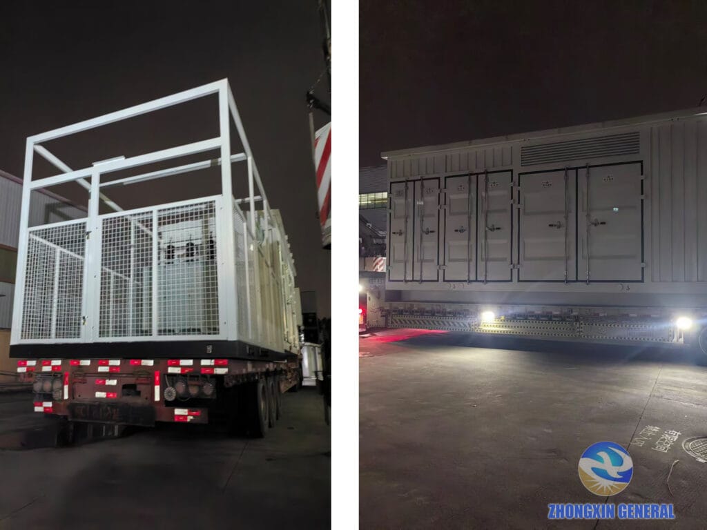 Prefabricated substations secured on flatbed trailers at night before National Day: mesh-enclosed unit (left) and fully enclosed cabin (right), ready to dispatch