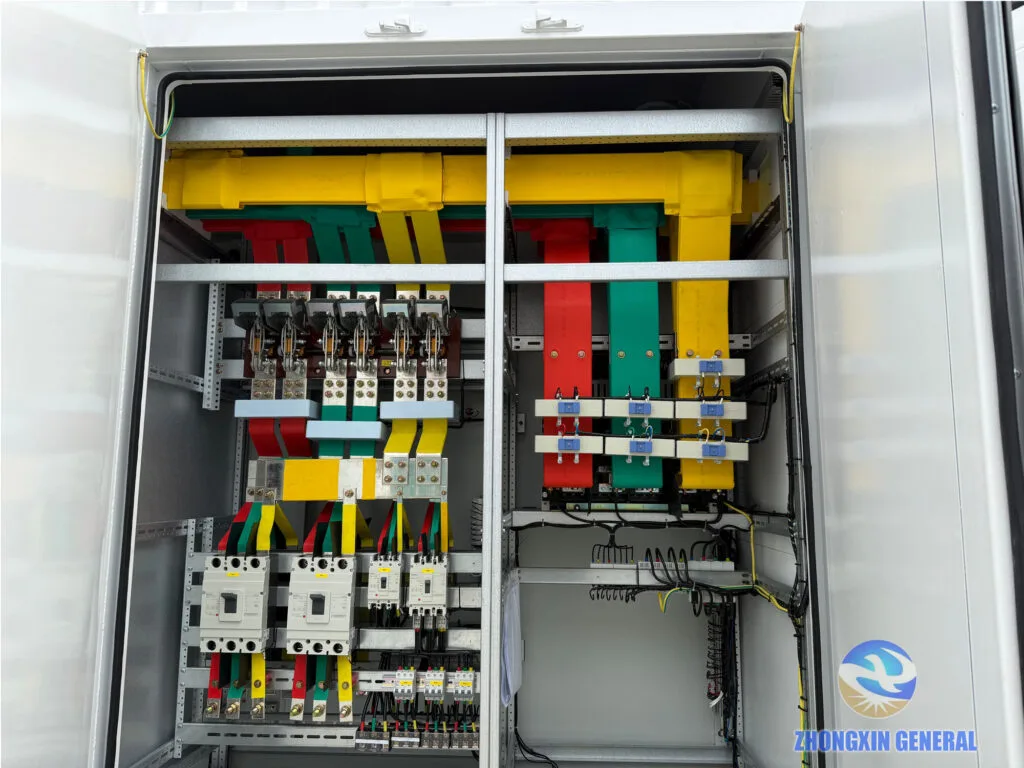 Medium-voltage and low-voltage switchgear panels inside prefabricated cabin substation with busbar system