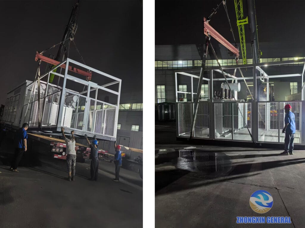 Overnight loading before National Day: ZHONGXIN crew guides a prefabricated substation onto the flatbed (left) while a crane lifts the 35 kV transformer enclosure (right)