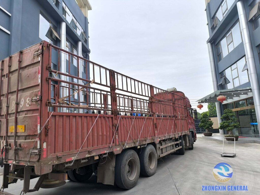 250 kVA oil‑immersed transformer finished unit being loaded onto truck for export shipment