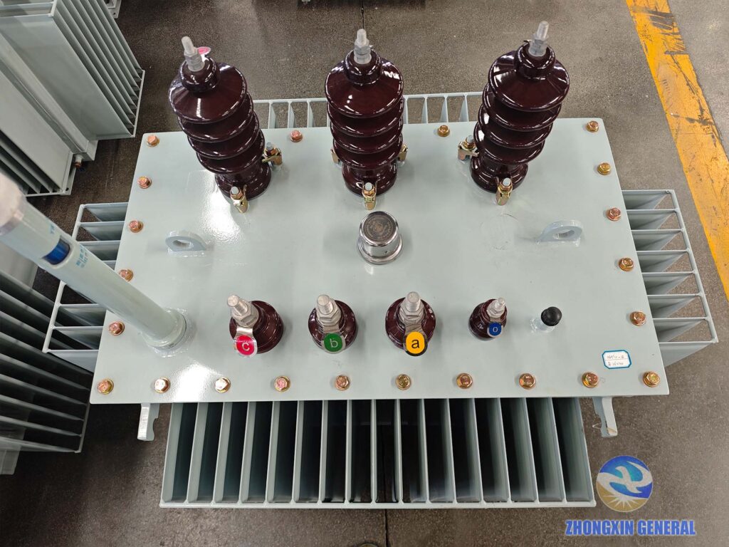 Oblique top‑down finished‑unit view of 250 kVA oil‑immersed distribution transformer S11‑M‑250/10