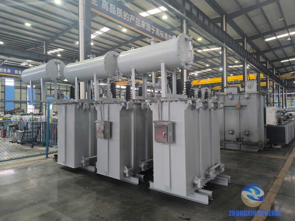 Side view of three finished 4000 kVA oil-immersed transformers — Zhongxin General